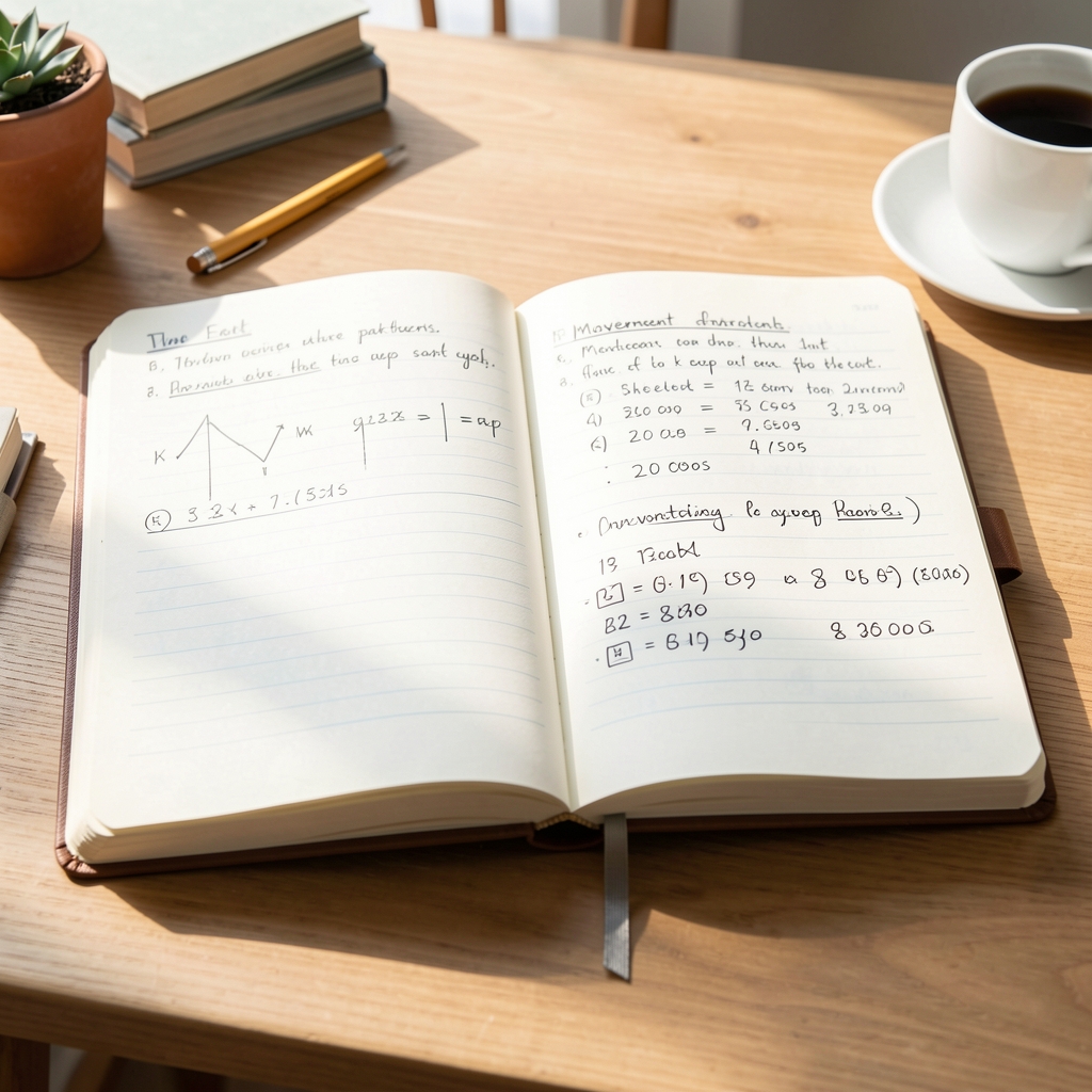 Open research notebook on desk in bright natural daylight, showing handwritten notes on movement patterns and step counts