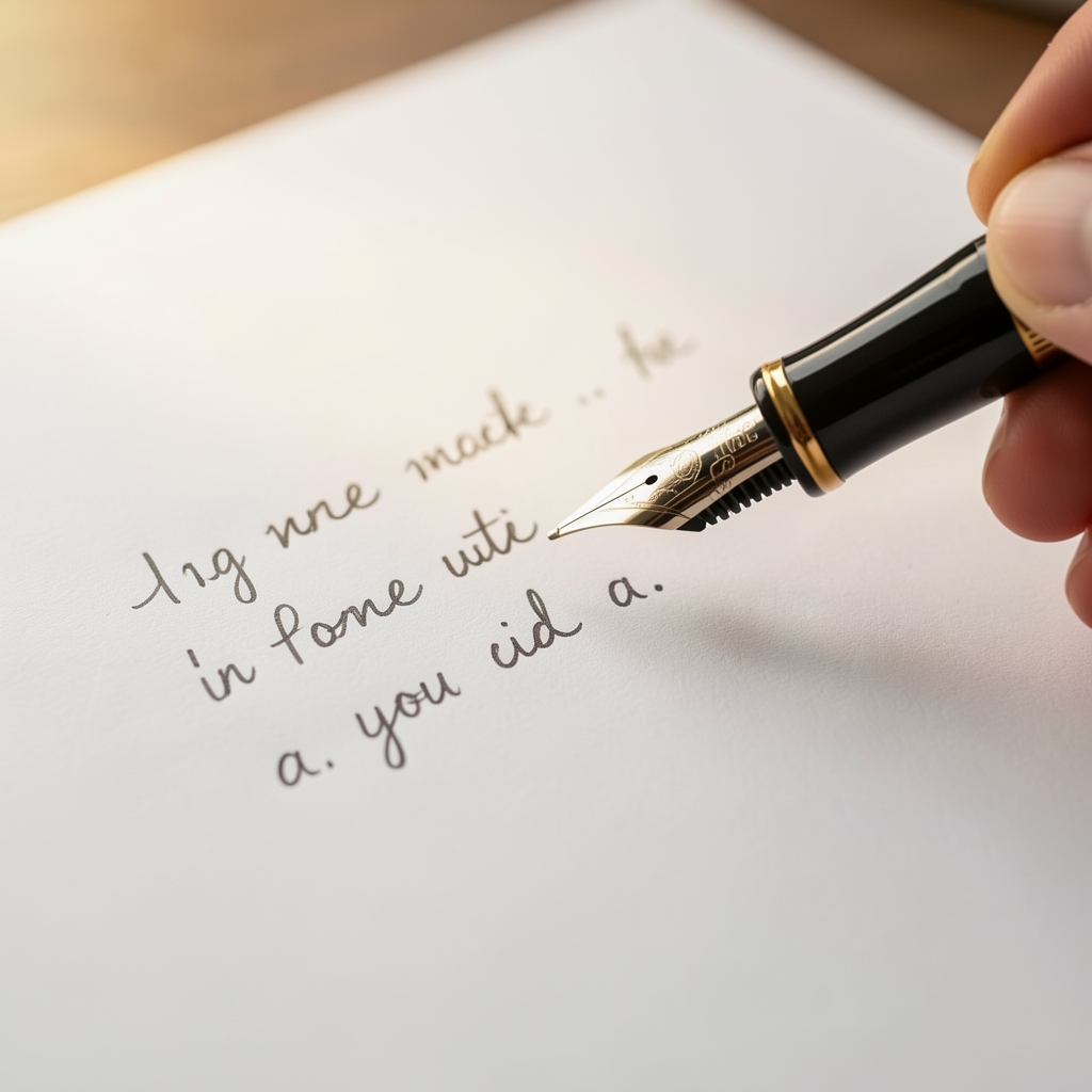 Close-up of handwritten notes on white paper with a fountain pen, shallow depth of field, warm diffused light