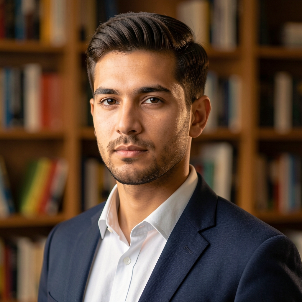 Professional editorial portrait of Jasper Easton, warm studio lighting, bookshelves visible in background, thoughtful expression