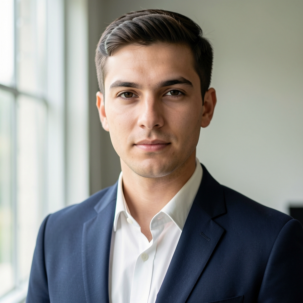 Professional editorial portrait of Tobias Marsden, natural daylight from a side window, minimal background, direct gaze