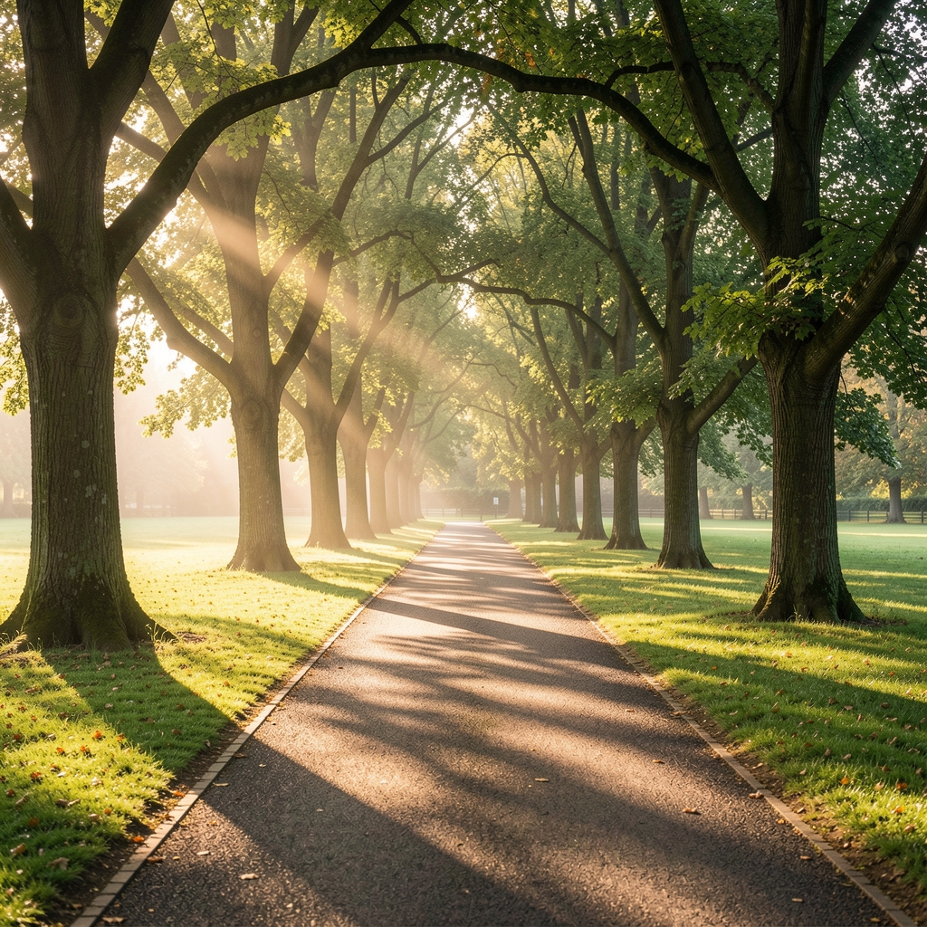 Person walking along a wide tree-lined path in a London park at golden hour, long shadow stretching across the ground, casual pace suggesting a regular morning walk