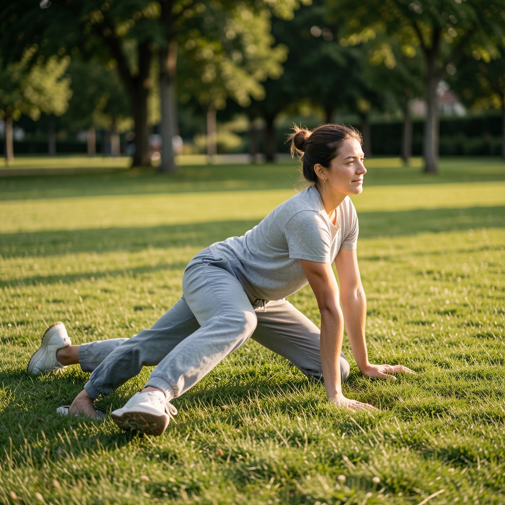 Wide open recreational ground with a person doing gentle stretching exercises on grass, wearing comfortable casual clothing, no gym equipment in sight