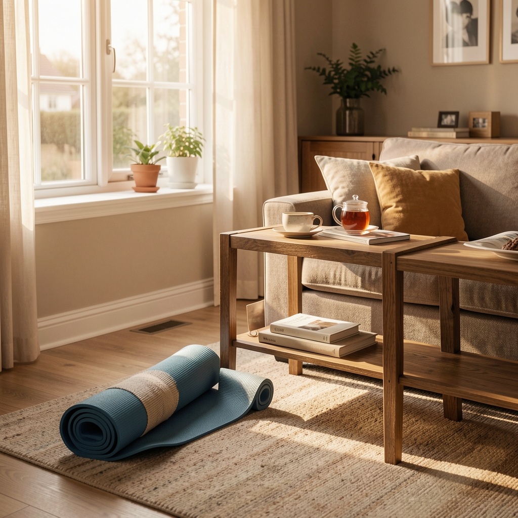 Quiet domestic interior scene showing a living room with morning light, a yoga mat partially unrolled near a large window, a cup of tea on a wooden side table