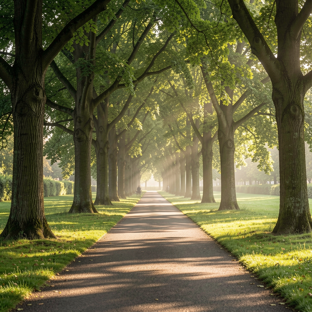 Early morning park path lined with mature trees, dappled sunlight filtering through canopy, empty footpath suggesting a quiet walking route in a London green space