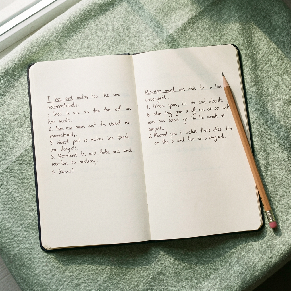 Overhead view of a notebook open to a page of handwritten movement observations, a wooden pencil beside it, on a pale green linen surface in natural window light